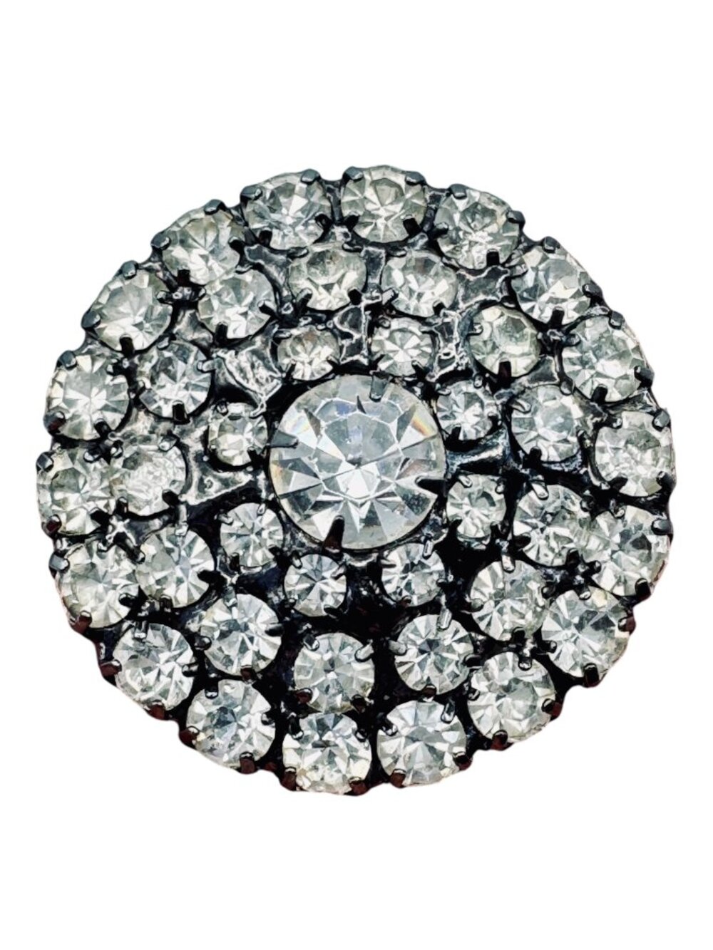 Vintage Rhinestone Brooch Japanned 1940s Dome Cluster Clear Prong Set Retro Glam